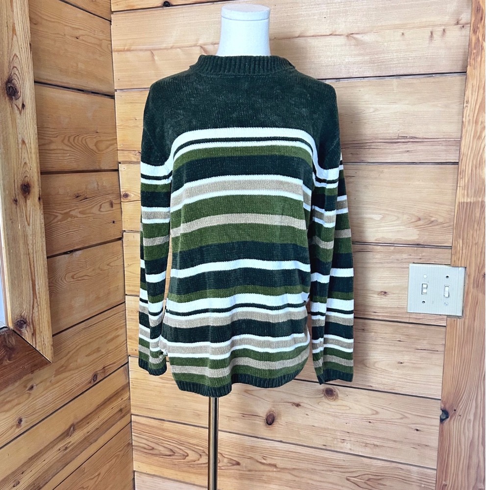 Vintage Striped Velvet Chenille Sweater Small Green Skater Grunge Goth Penmans